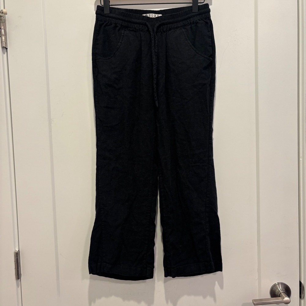 Roxy Oceanside Black Linen Blend Wide Leg Crop Drawstring Pants Womens Size XS